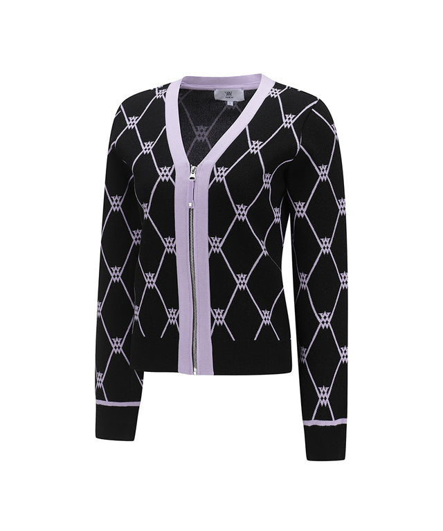 ANEW Golf Women Monogram Logo Entrasia Cardigan in fresh colors with a net-like logo jacquard pattern, showcasing its stylish design.